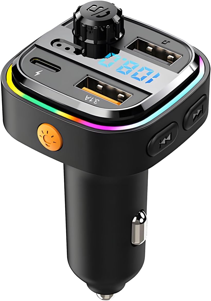 Încărcător auto multifuncțional cu încărcare rapidă duală USB, transmițător FM, dispozitiv handsfree Bluetooth și player MP3