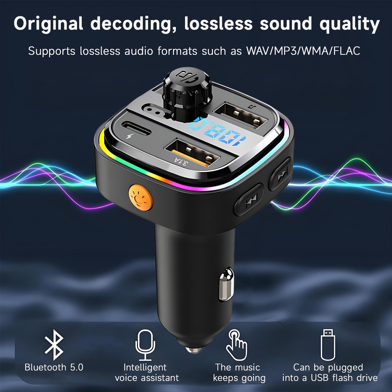 Încărcător auto multifuncțional cu încărcare rapidă duală USB, transmițător FM, dispozitiv handsfree Bluetooth și player MP3